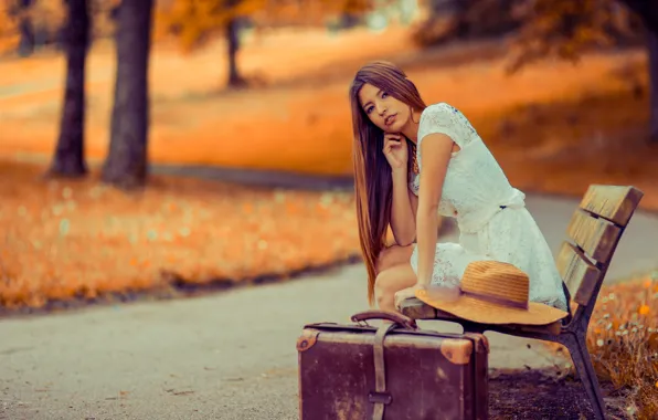 Картинка девушка, парк, чемодан