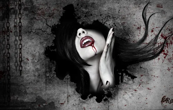 Девушка, лицо, стена, кровь, вампир