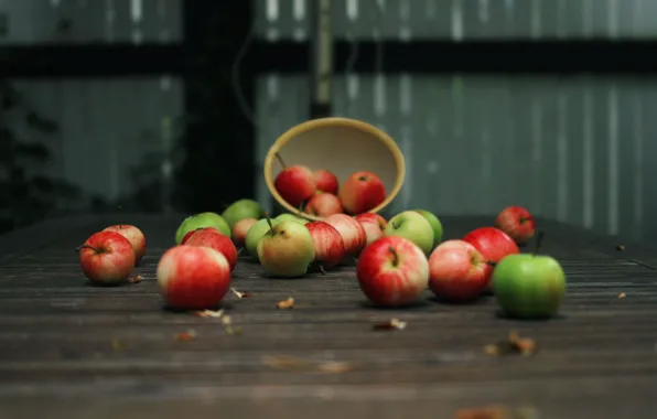 Картинка стол, дерево, яблоки, тарелка, фрукты