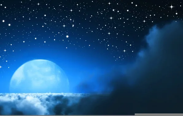 Картинка Облака, Ночь, Луна, Звёзды