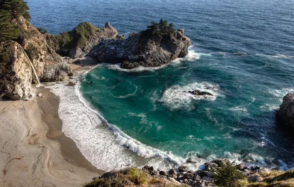 Картинка скала, океан, водопад, бухта, California, Big Sur, McWay Falls, Julia Pfeiffer Burns State Park