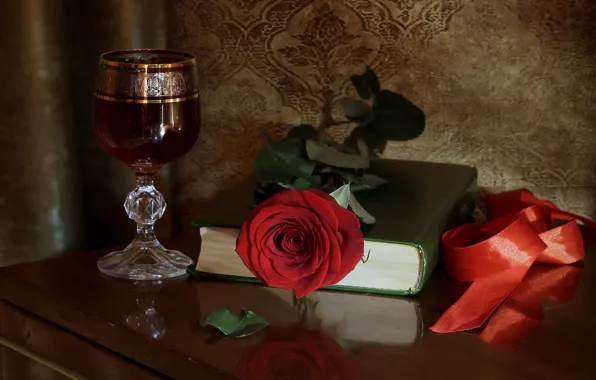Картинка бокал, розы, лента, книга
