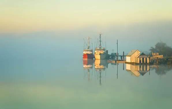 Картинка море, небо, деревья, туман, озеро, отражение, корабль, утро