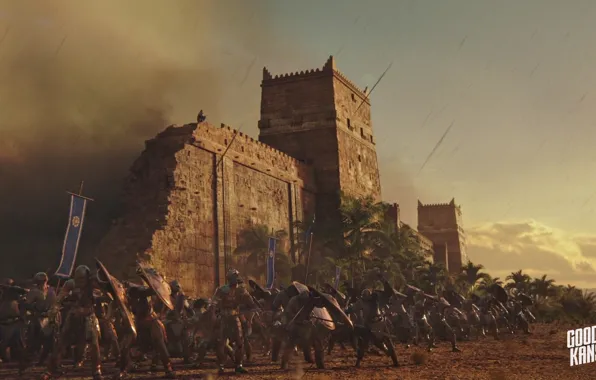 Пальмы, крепость, воины, оборона, Conan Unconquered3