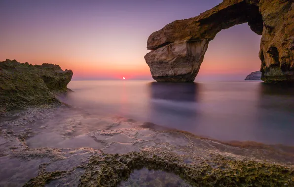 Картинка море, закат, скалы, побережье, арка, Malta, Мальта, Gozo