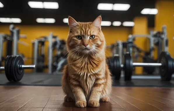 Кошка, кот, взгляд, поза, лампы, спорт, рыжий, потолок