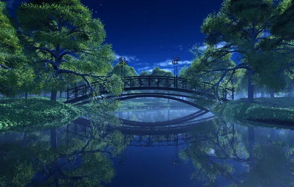 Картинка деревья, пейзаж, ночь, мост, парк, река, фонари