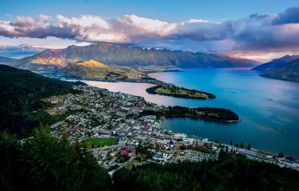 Горы, город, бухта, Новая Зеландия, панорама, New Zealand, Queenstown, Куинстаун