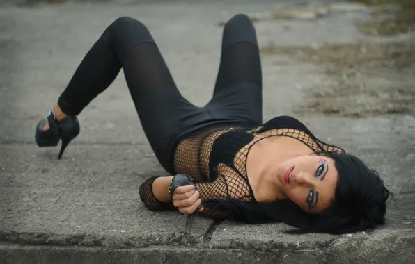 Brunette, lying, glance, relaxing, spandex