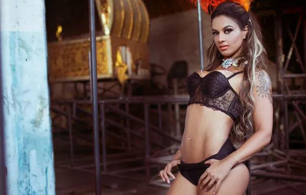 Lingerie, black, tattoo, pose, Brazilian, strong, healed, Milena Nogueira