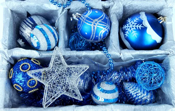 Картинка зима, шарики, коробка, шары, игрушки, Новый Год, Рождество, бусы