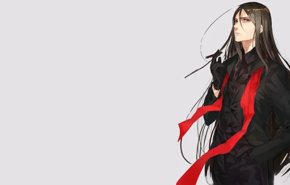 Картинка парень, серый фон, длинные волосы