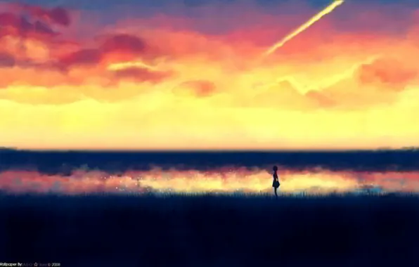Картинка поле, небо, девушка, рассвет, рисунок, минимализм