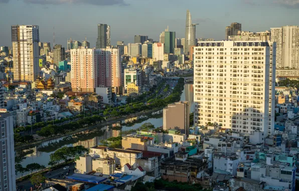 Небо, солнце, река, здания, дома, Вьетнам, Ho Chi Minh City