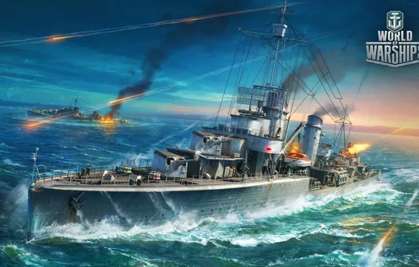 Океан, огонь, война, игра, корабль, ships, destroyer, World Of Warship
