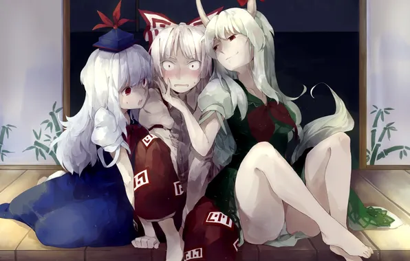 Дом, девушки, арт, рога, бант, touhou, kamishirasawa keine, fujiwara no mokou