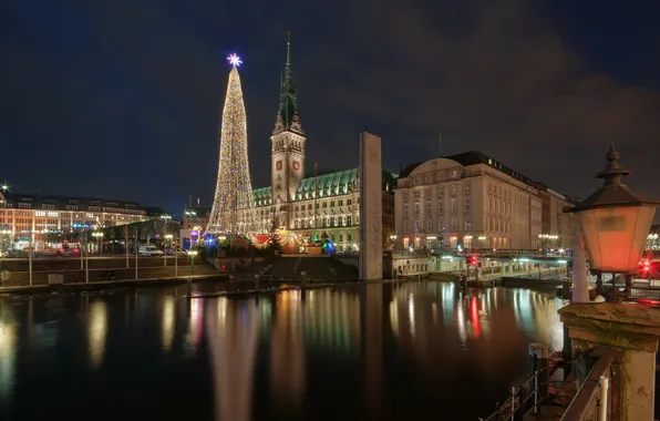 Ночь, город, река, фото, елка, дома, Германия, Hamburg