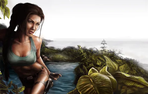 Картинка девушка, пистолеты, горизонт, джунгли, Tomb Raider, водоем, Lara Croft