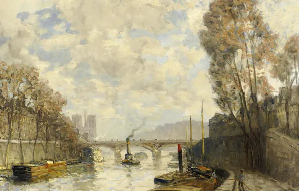 Река, париж, картина, городской пейзаж, баржа, Франк Богс, Frank Myers Boggs, Мост Сен-Мишель