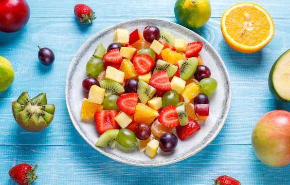 Картинка ягоды, апельсин, киви, клубника, тарелка, виноград, фрукты, фруктовый салат