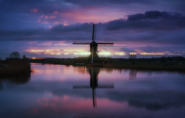 Небо, вода, отражение, вечер, канал, Нидерланды, ветряная мельница