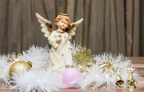 Картинка праздник, шары, игрушки, новый год, ангел, мишура