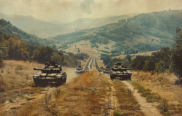Дорога, Деревья, Ретро, Холмы, Танки, Цифровое искусство, Колонна, ИИ-арт