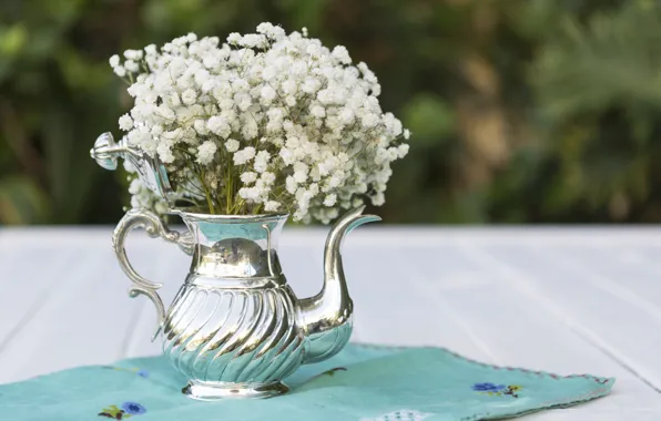 Цветы, букет, чайник, гипсофила