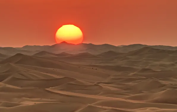 Картинка солнце, закат, пустыня, бархан, ОАЭ, Абу-Даби