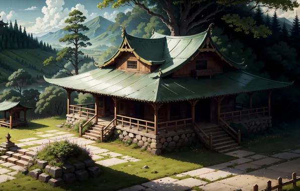 House, forest, art, mountains, hut