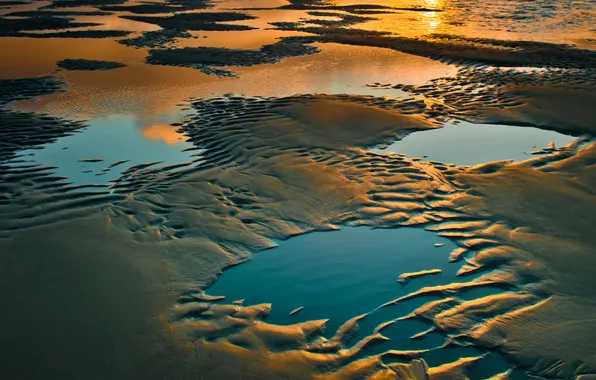 Песок, пляж, вода, отражение, лужи, Oregon, south of Gold Beach