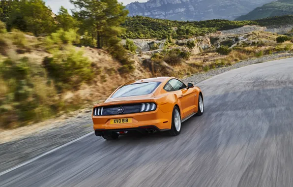 Картинка дорога, оранжевый, Ford, вид сзади, 2018, фастбэк, Mustang GT 5.0
