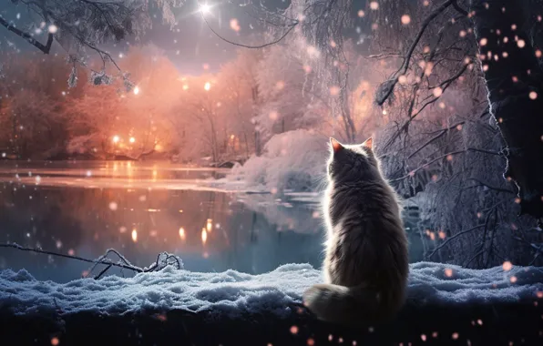 Зима, иней, кошка, кот, звезды, снег, деревья, ночь