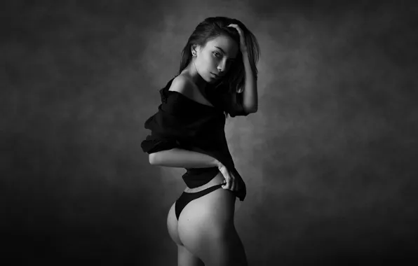 Black & white, girl, sexy, ass, panties, long hair, legs, photographer