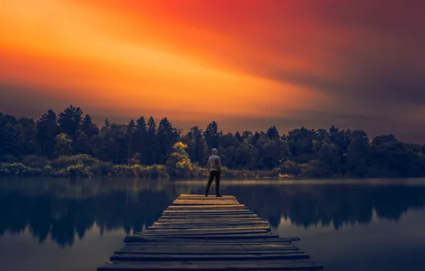 Lake, man, reflection, pier, sunlight, long exposure