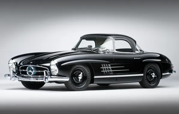 Картинка чёрный, Mercedes-Benz, классика, мерседес, передок, 1957, красивая машина, 300сл