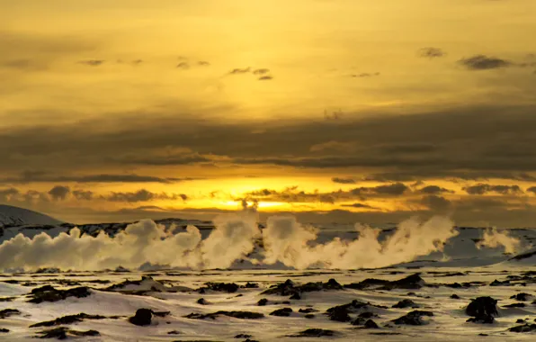 Twilight, sunset, steam, winter, rocks, snow, dusk
