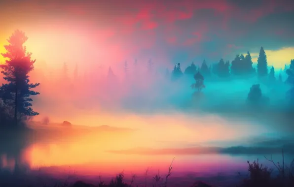 Утро, dawn, morning, AI арт, дымка, trees, haze, лес