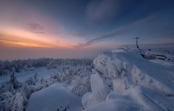 Картинка зима, снег, деревья, пейзаж, закат, горы, природа, Пермский край