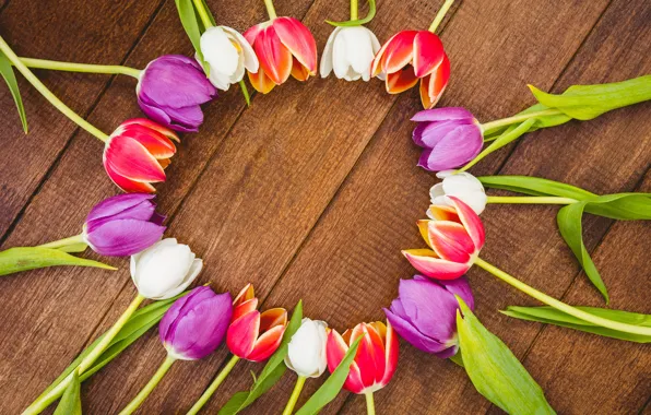 Цветы, букет, colorful, тюльпаны, red, white, wood, flowers