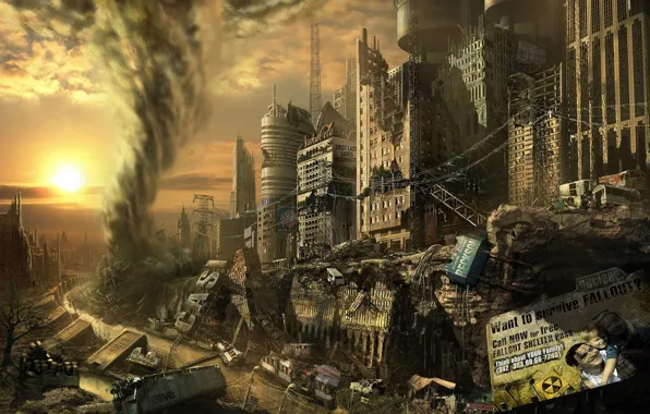Картинка город, стихия, смерч, свалка, руины, Fallout, рисованное