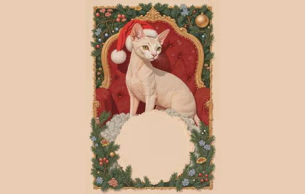 Кошка, кот, взгляд, шарики, ветки, кресло, рамка, Рождество