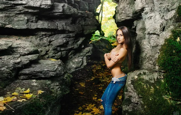 Осень, лес, листья, камни, мох, джинсы, фигура, брюнетка