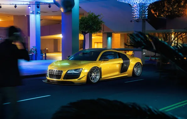 Audi, Авто, Ночь, Желтый, Машина, Audi R8, Car, Автомобиль