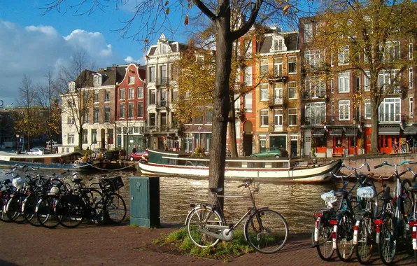 Картинка велосипед, лодка, корабль, дома, канал, амстердам, nederland, amsterdam