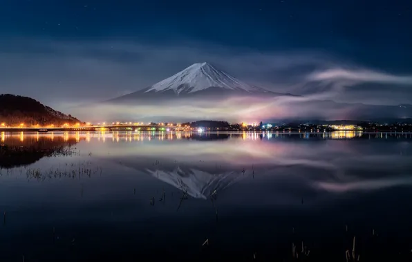 Картинка вода, ночь, отражение, Япония, Фуджи, гора Фудзияма