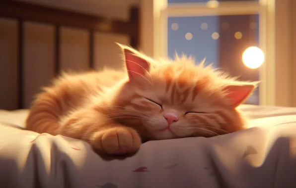 Кошка, свет, поза, котенок, комната, сон, окно, рыжий