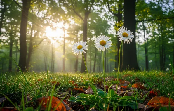 Лес, трава, солнце, цветы, обои, wallpaper, grass, forest