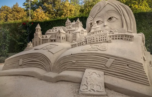 Лицо, книга, песчаная скульптура
