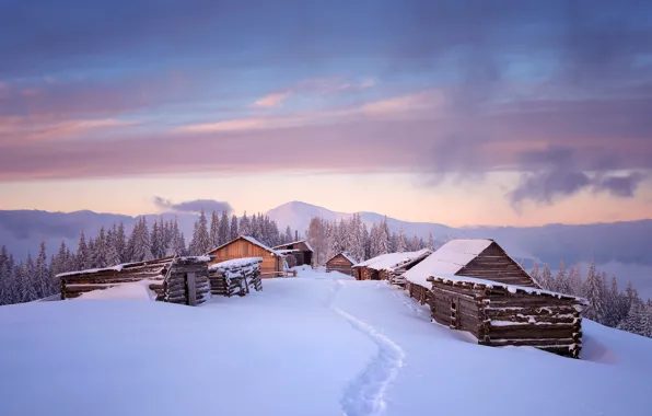 Картинка Небо, Дома, Природа, Снег, Зима